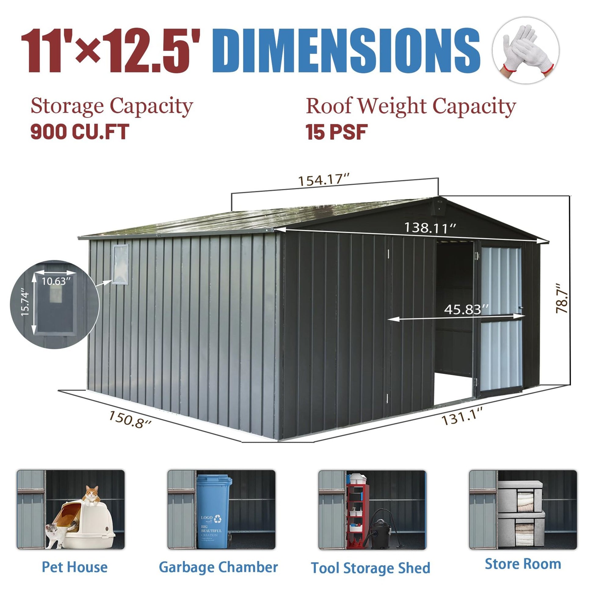12.5' x 11' Large Metal Storage Shed, Galvanized Steel Frame, Ventilated, with Double Doors