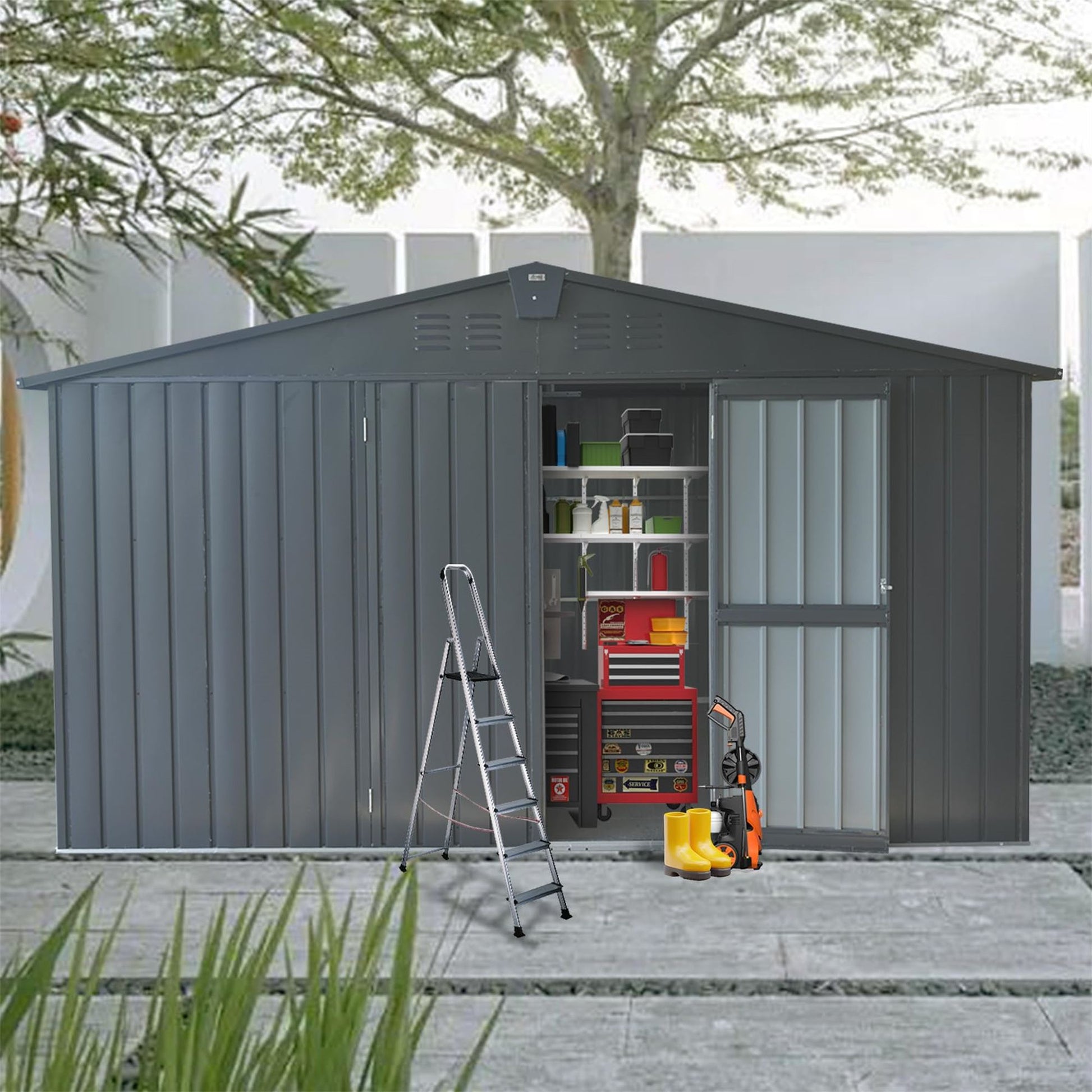 12.5' x 11' Large Metal Storage Shed, Galvanized Steel Frame, Ventilated, with Double Doors