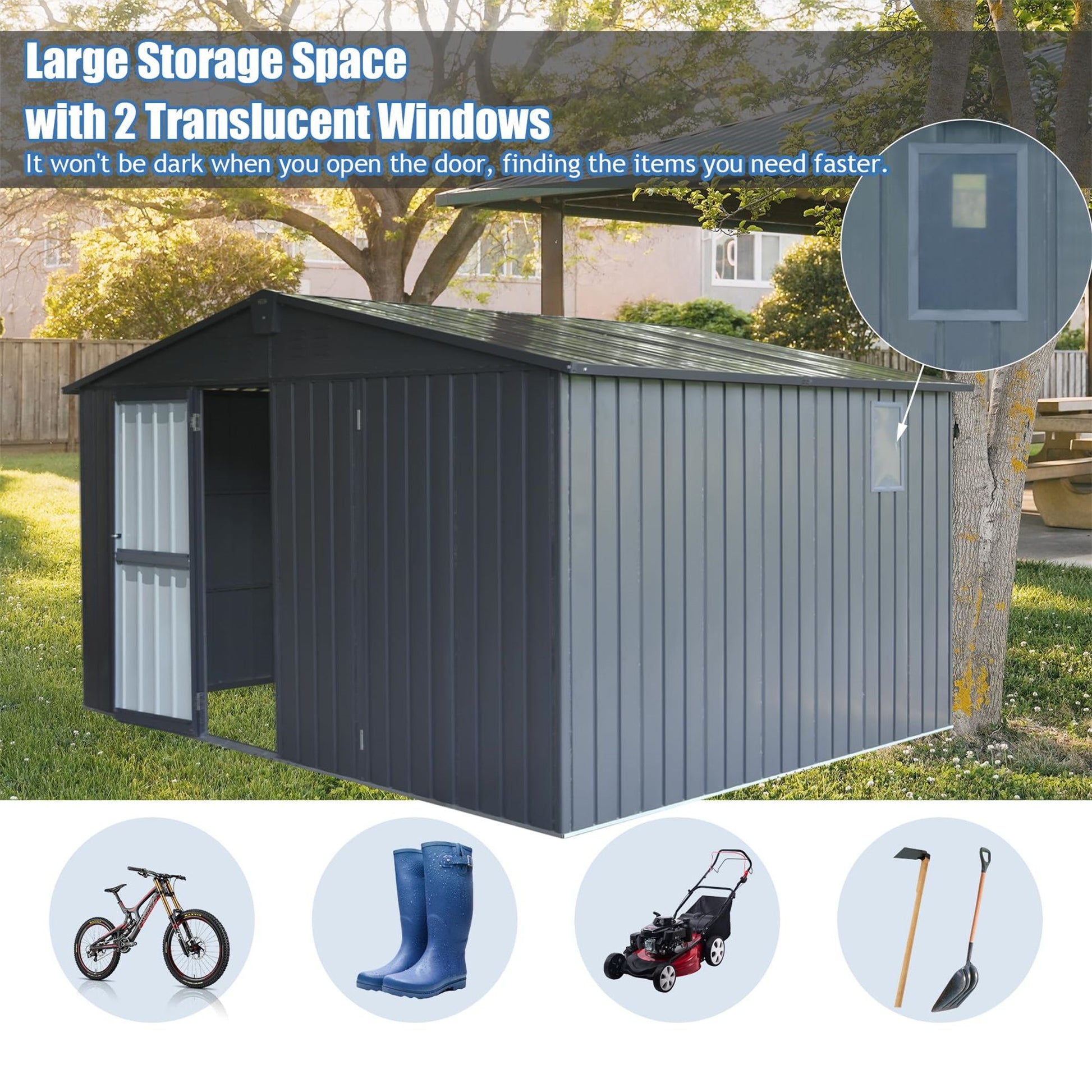 12.5' x 11' Large Metal Storage Shed, Galvanized Steel Frame, Ventilated, with Double Doors