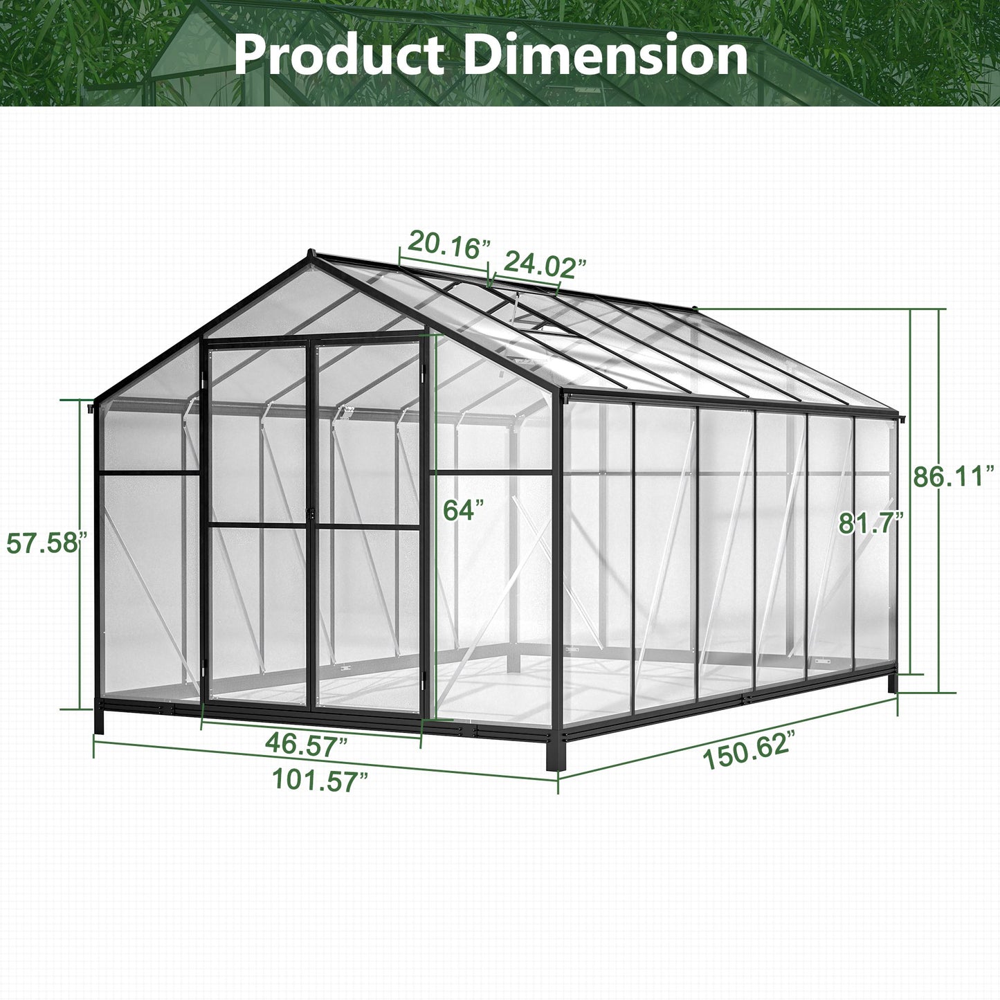 12.5' x 8.5' Polycarbonate Greenhouse, Aluminium Frame, UV Guard, Lockable Door