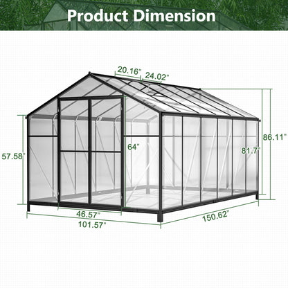 12.5' x 8.5' Polycarbonate Greenhouse, Aluminium Frame, UV Guard, Lockable Door
