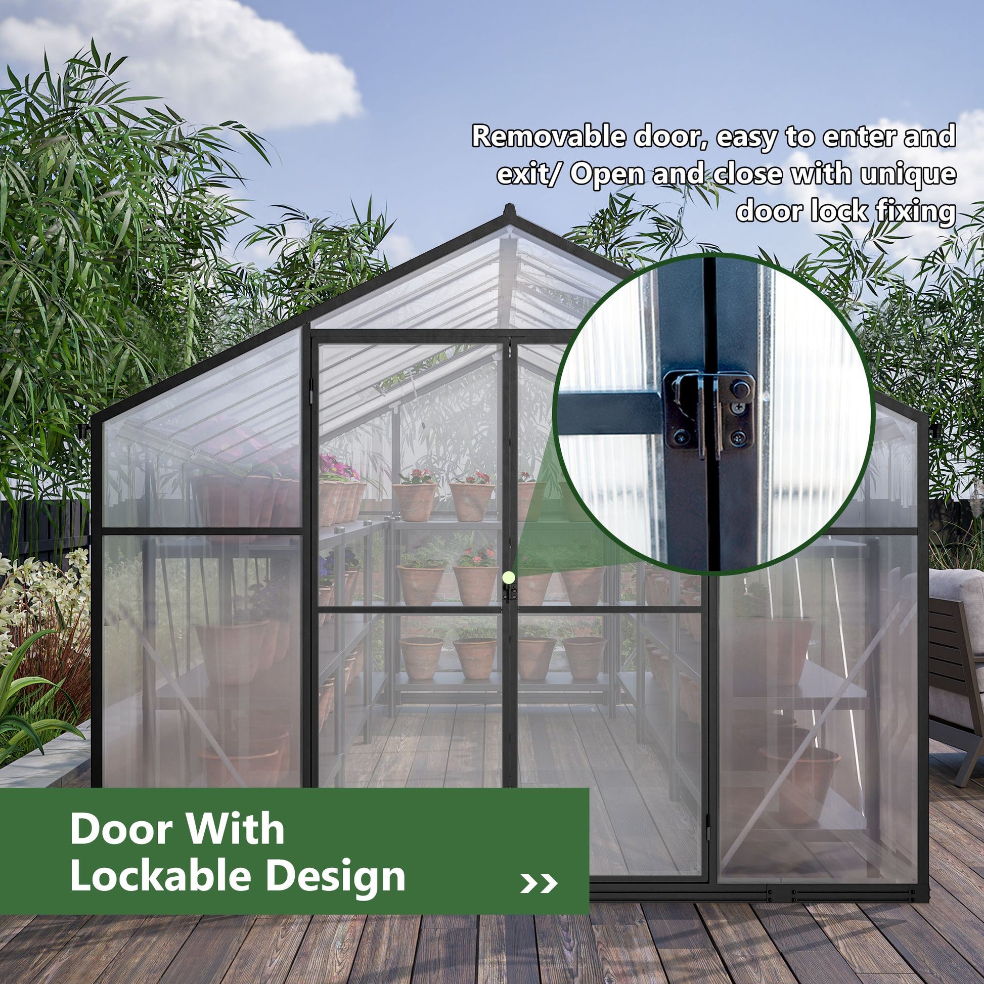 12.5' x 8.5' Polycarbonate Greenhouse, Aluminium Frame, UV Guard, Lockable Door