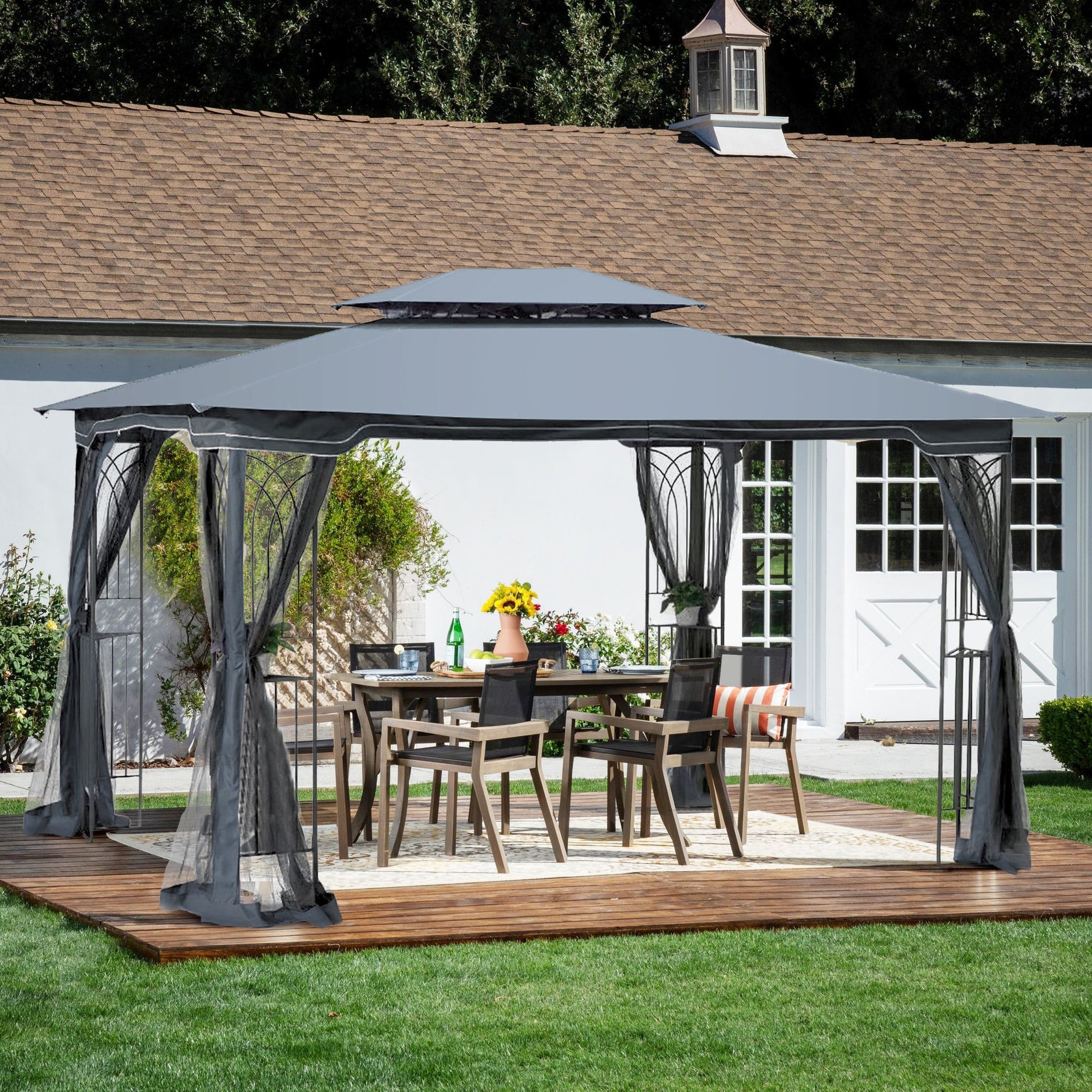 13' x 10' Outdoor Patio Gazebo with Double-Tiered Roof, Removable Mesh Screen, and Mosquito Net, Suitable for Lawn, Garden, Backyard, and Deck
