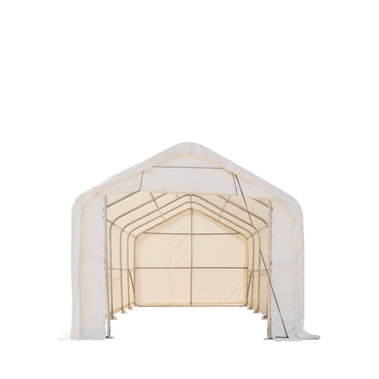 15’ x 25’ RV/Motorhome Storage Shelter, 17 oz PVC Fabric Cover, Front Roll-Up Door, Enclosed Rear Wall, 3-Layer Galvanized Steel Frame, 10’ Straight Sidewalls, TMG-ST1525-1