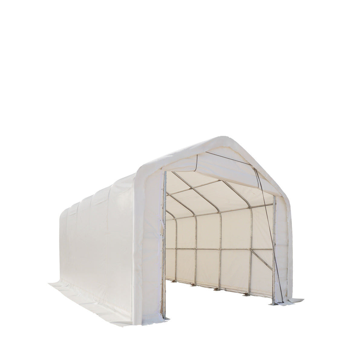 15’ x 25’ RV/Motorhome Storage Shelter, 17 oz PVC Fabric Cover, Front Roll-Up Door, Enclosed Rear Wall, 3-Layer Galvanized Steel Frame, 10’ Straight Sidewalls, TMG-ST1525-4