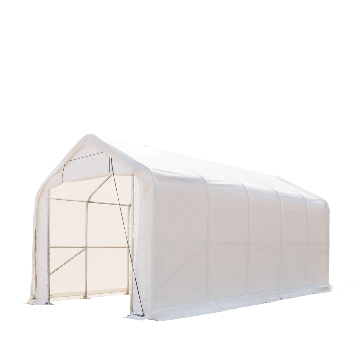 15’ x 25’ RV/Motorhome Storage Shelter, 17 oz PVC Fabric Cover, Front Roll-Up Door, Enclosed Rear Wall, 3-Layer Galvanized Steel Frame, 10’ Straight Sidewalls, TMG-ST1525-0