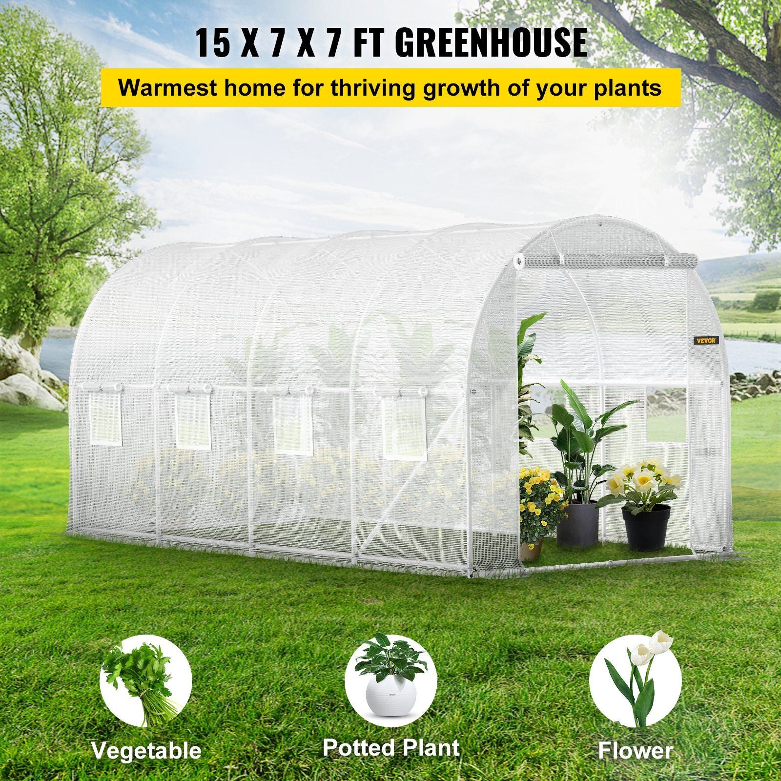 15' x 7' Tunnel Greenhouse, Galvanized Steel Frame, PE Cover, 8 Mesh Windows