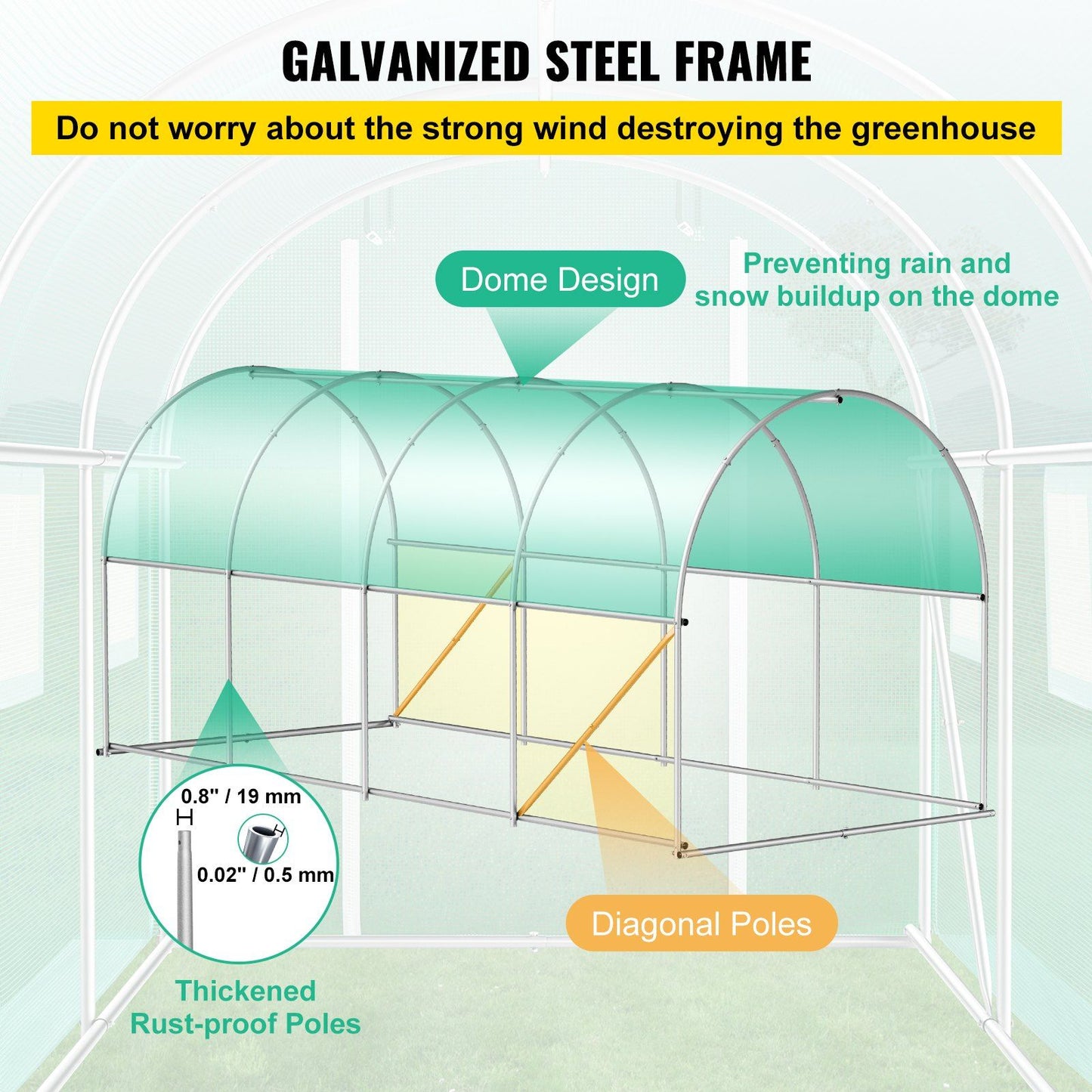 15' x 7' Tunnel Greenhouse, Galvanized Steel Frame, PE Cover, 8 Mesh Windows