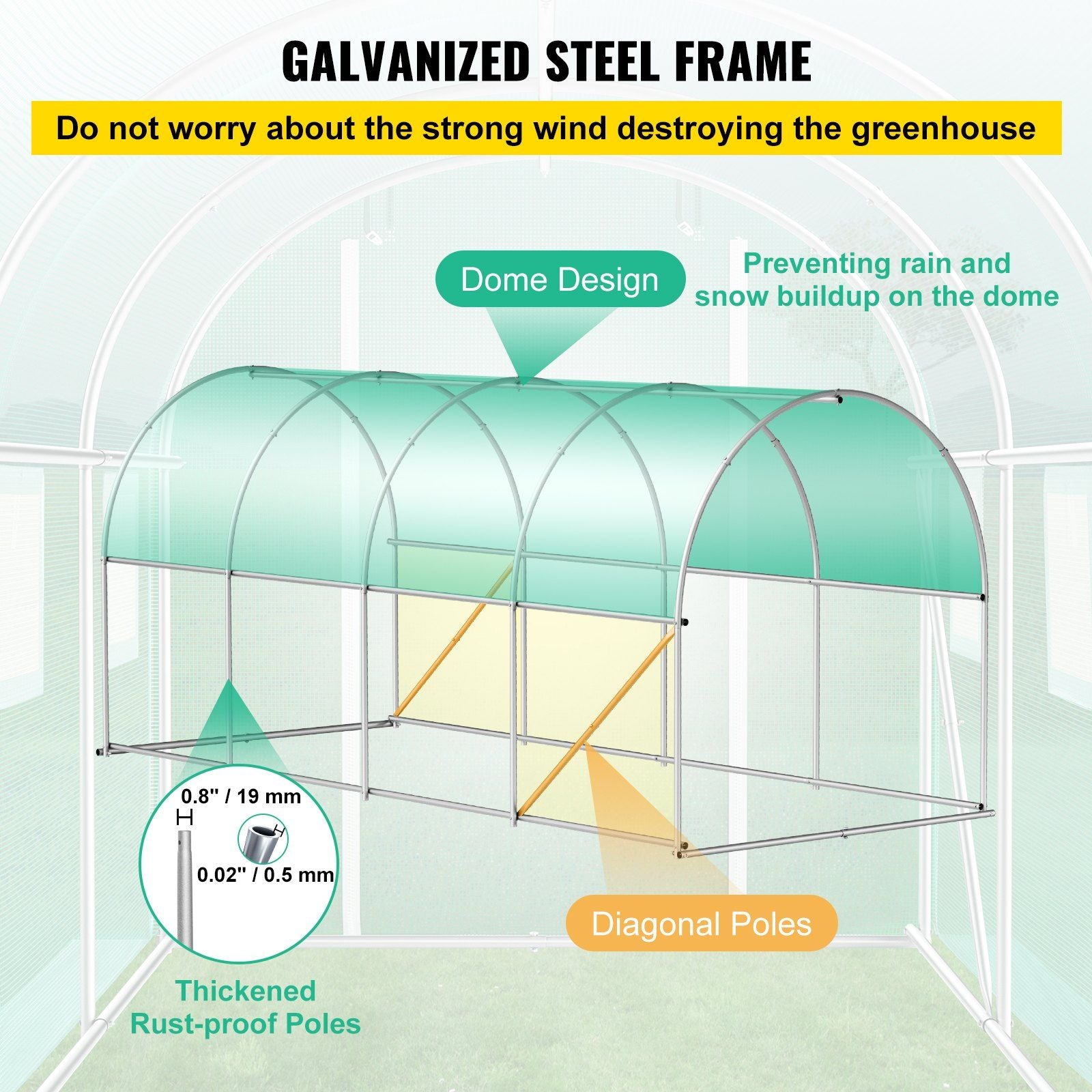 15' x 7' Tunnel Greenhouse, Galvanized Steel Frame, PE Cover, 8 Mesh Windows