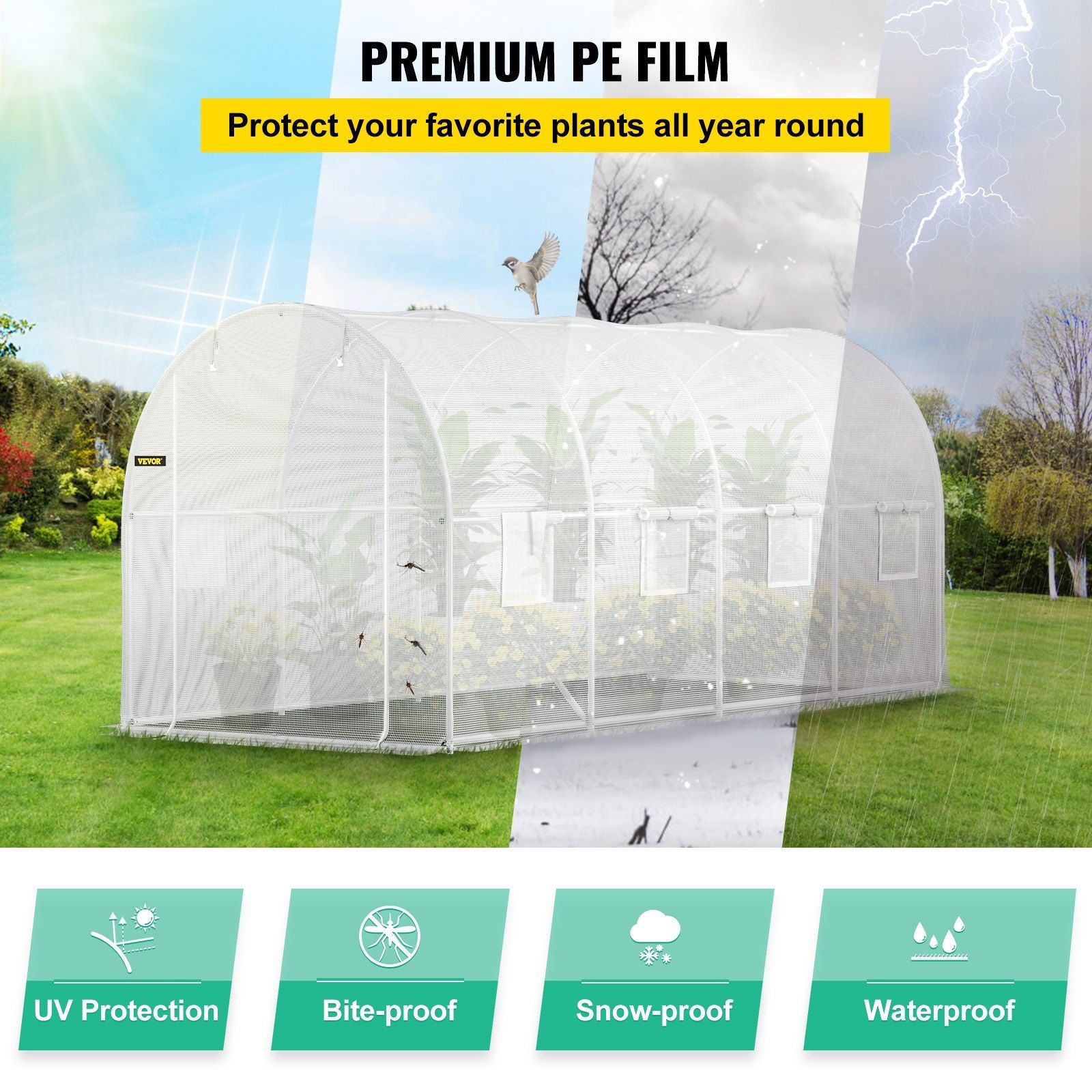 15' x 7' Tunnel Greenhouse, Galvanized Steel Frame, PE Cover, 8 Mesh Windows