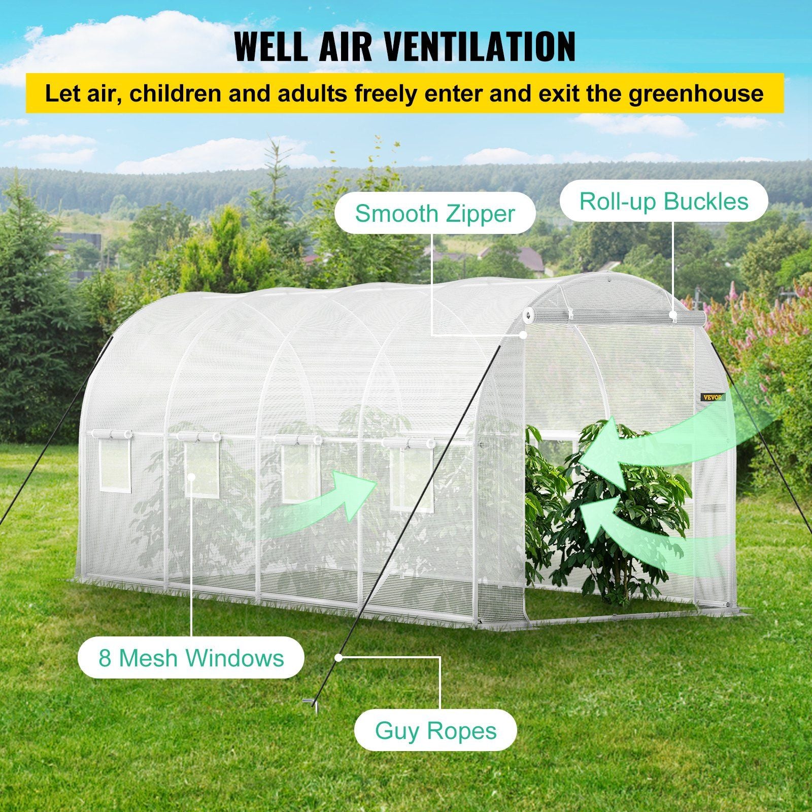 15' x 7' Tunnel Greenhouse, Galvanized Steel Frame, PE Cover, 8 Mesh Windows