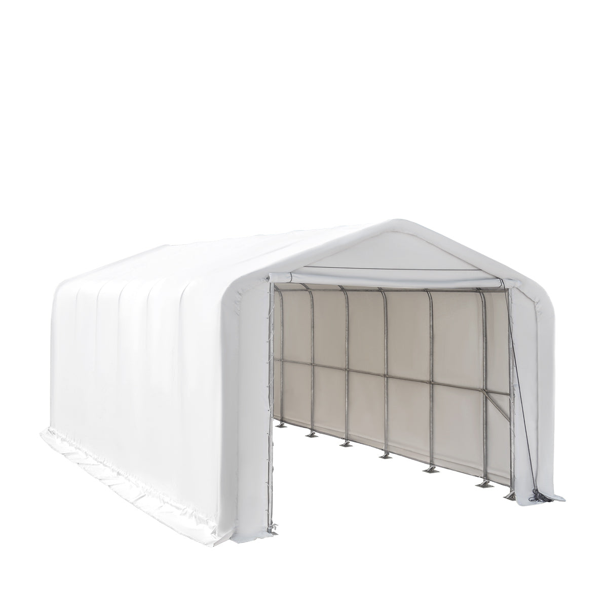 18’ x 30’ RV/Motorhome Storage Shelter, 17 oz PVC Fabric Cover, Front Roll-Up Door, Enclosed Rear Wall, 3-Layer Galvanized Steel Frame, 13’ Straight Sidewalls, TMG-ST1830-2