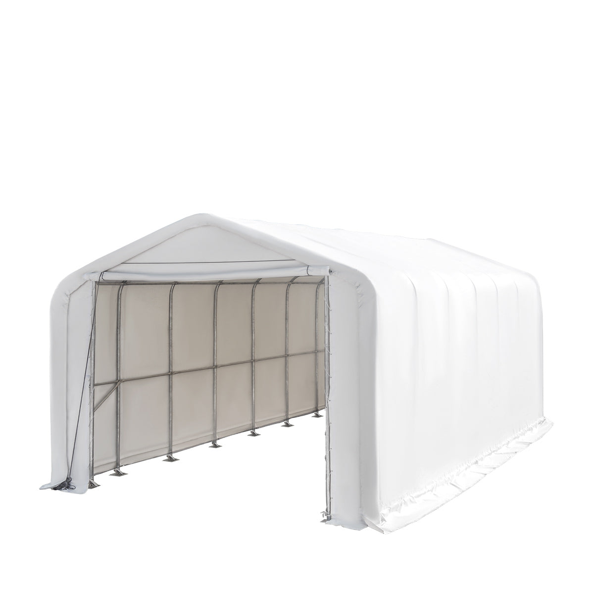 18’ x 30’ RV/Motorhome Storage Shelter, 17 oz PVC Fabric Cover, Front Roll-Up Door, Enclosed Rear Wall, 3-Layer Galvanized Steel Frame, 13’ Straight Sidewalls, TMG-ST1830-0