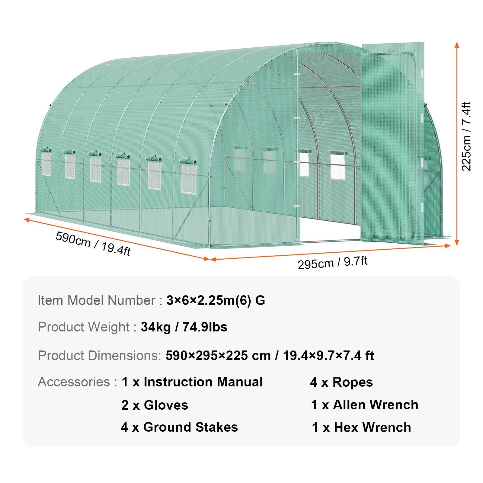 19.5' x 10' Tunnel Greenhouse, Heavy-Duty PE Cover & Galvanized Frame