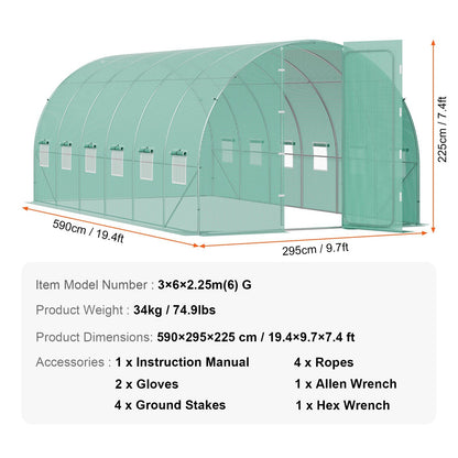 19.5' x 10' Tunnel Greenhouse, Heavy-Duty PE Cover & Galvanized Frame
