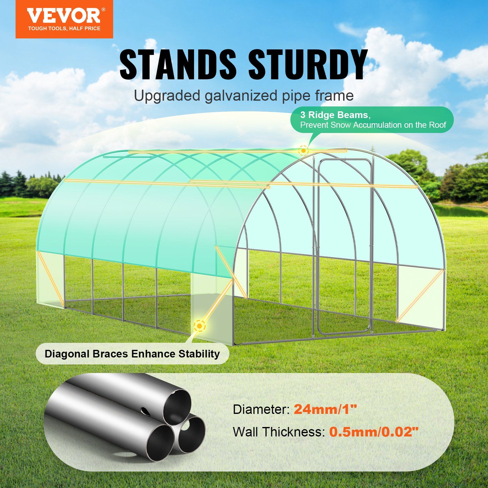 19.5' x 10' Tunnel Greenhouse, Heavy-Duty PE Cover & Galvanized Frame