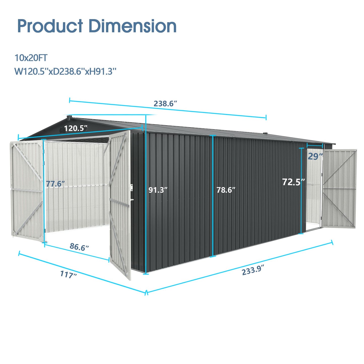 20' x 10' Double Door Metal Garage Storage Shed