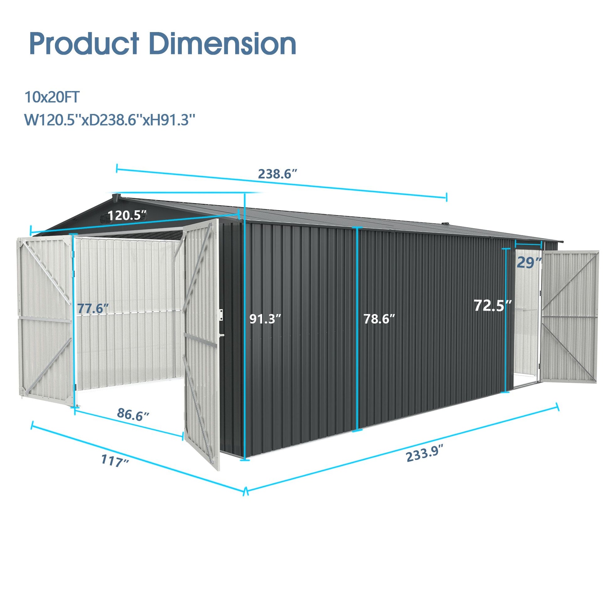 20' x 10' Double Door Metal Garage Storage Shed