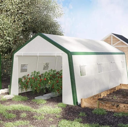 20' x 10' Greenhouse, Large Walk-In Design with Roll-Up Windows, Zippered Door, and UV-Resistant PE Cover