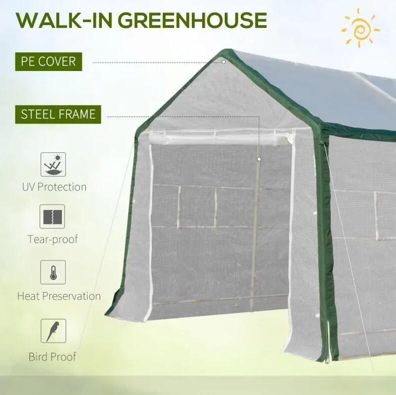20' x 10' Greenhouse, Large Walk-In Design with Roll-Up Windows, Zippered Door, and UV-Resistant PE Cover
