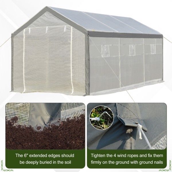20' x 10' Large Polytunnel Greenhouse, Steel Frame, Roll-Up Windows, Zippered Doors