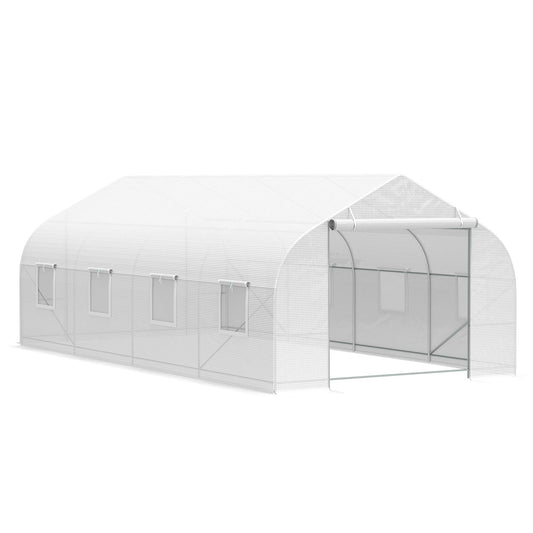 20' x 10' Outdoor Walk-in Greenhouse, Tunnel Green House with Roll-up Windows, Zippered Door, PE Cover, Heavy Duty Steel Frame, White