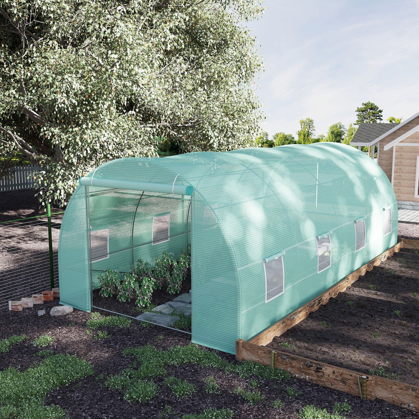20' x 10' Outsunny Walk-In Tunnel Greenhouse, Steel Frame, Green Cover, Roll-Up Windows & Door