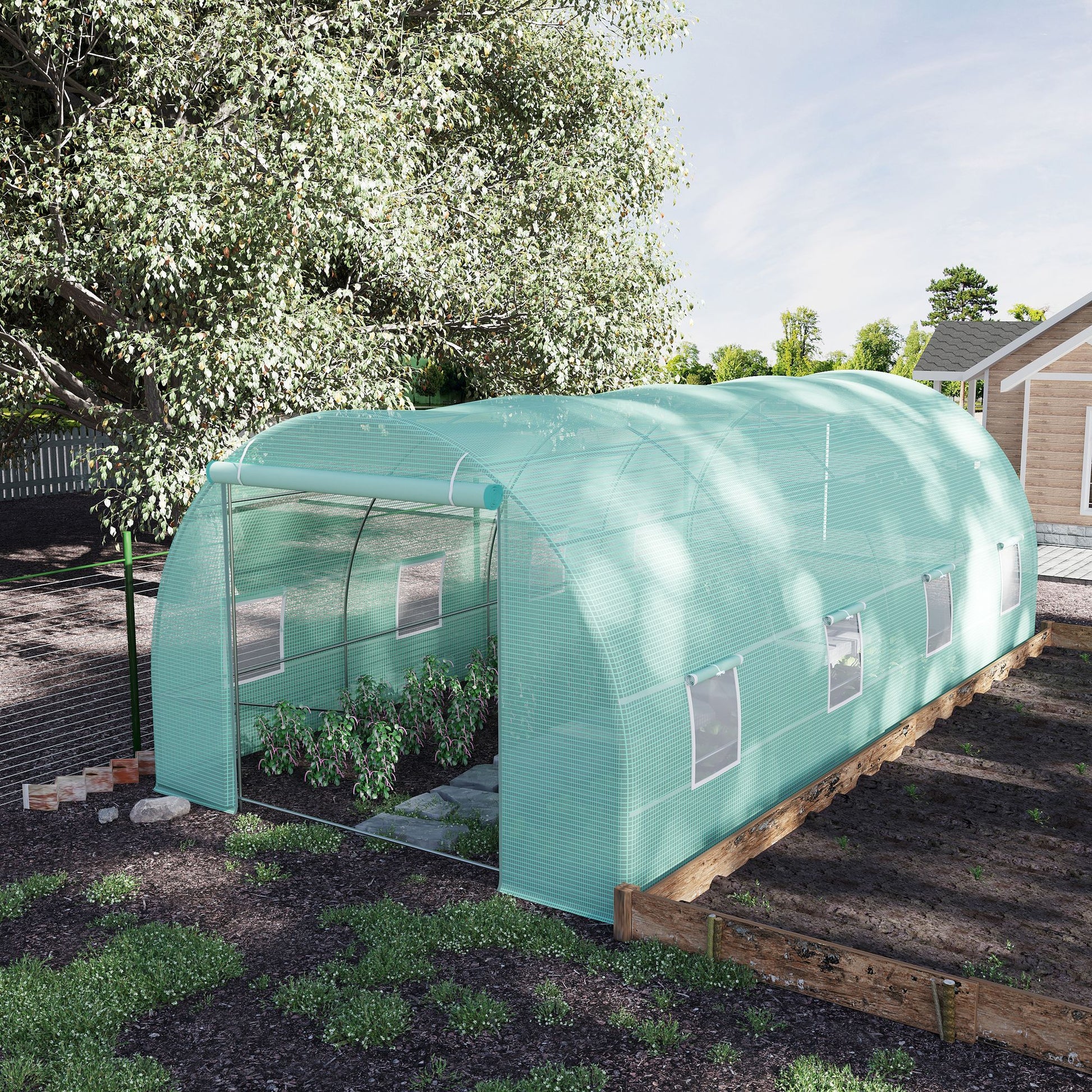 20' x 10' Outsunny Walk-In Tunnel Greenhouse, Steel Frame, Green Cover, Roll-Up Windows & Door