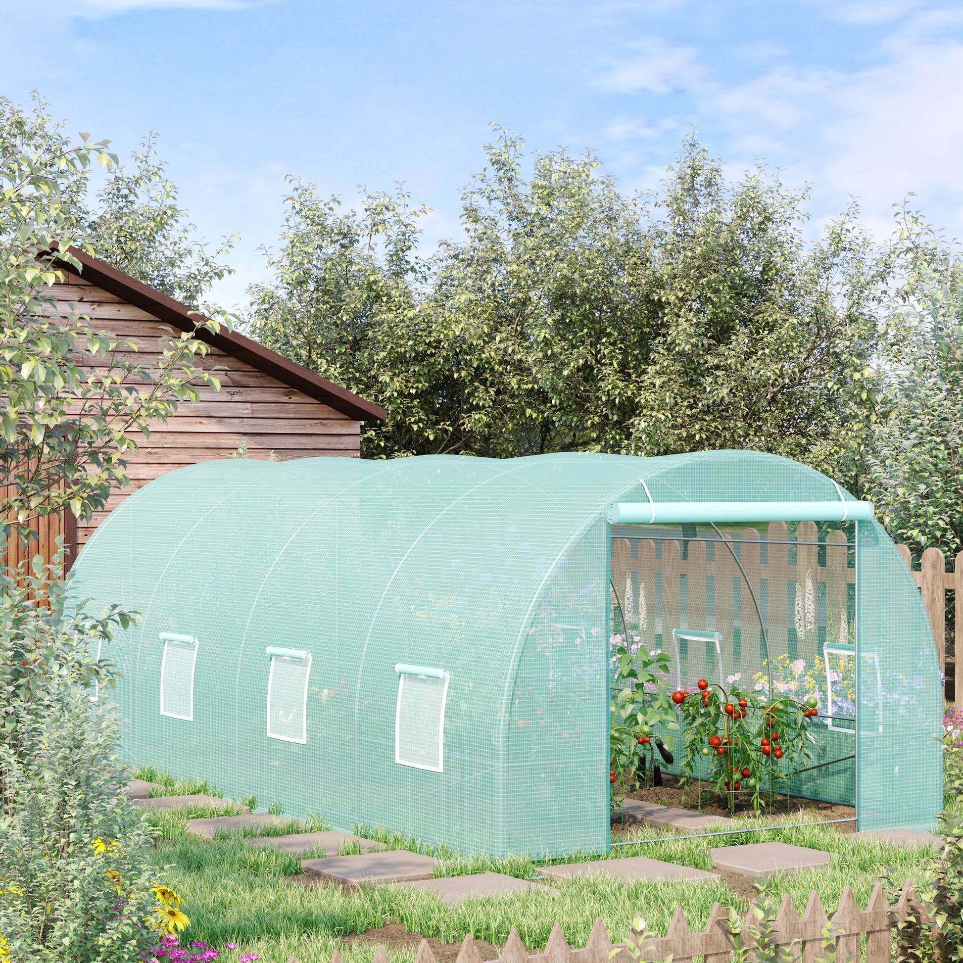 20' x 10' Outsunny Walk-In Tunnel Greenhouse, Steel Frame, Green Cover, Roll-Up Windows & Door