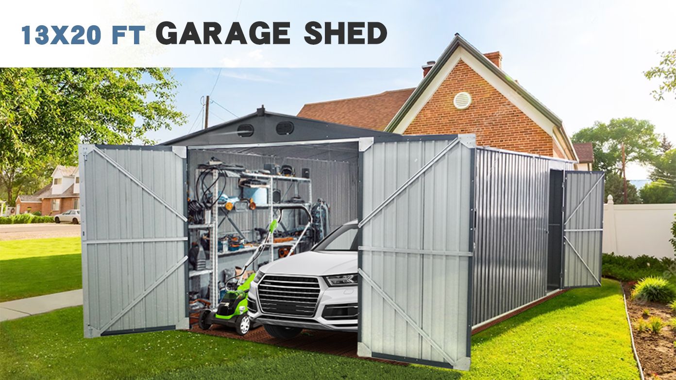 20' x 13' Outdoor Storage Shed – Metal Garden Shed with 2 Doors & 4 Vents for Car
