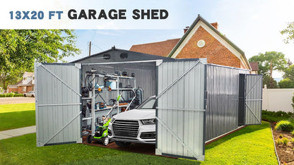 20' x 13' Outdoor Storage Shed – Metal Garden Shed with 2 Doors & 4 Vents for Car