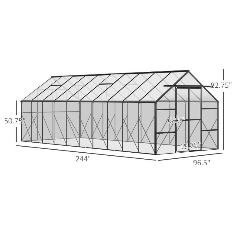 20' x 8' Walk-In Greenhouse, Aluminium Frame, Sliding Door, Adjustable Windows