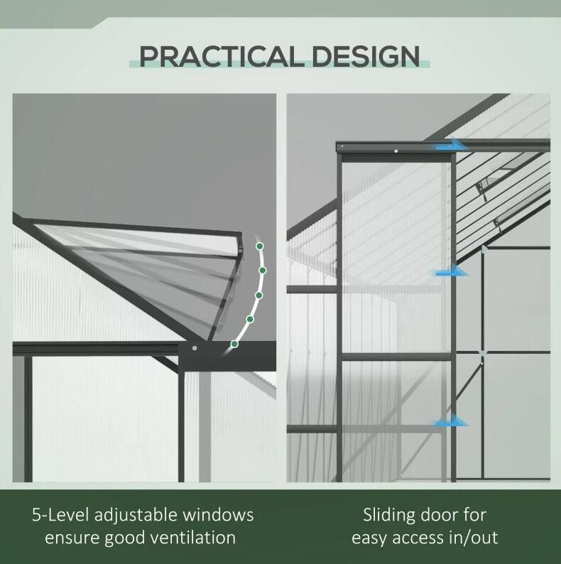 20' x 8' Walk-In Greenhouse, Aluminium Frame, Sliding Door, Adjustable Windows