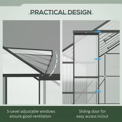 20' x 8' Walk-In Greenhouse, Aluminium Frame, Sliding Door, Adjustable Windows