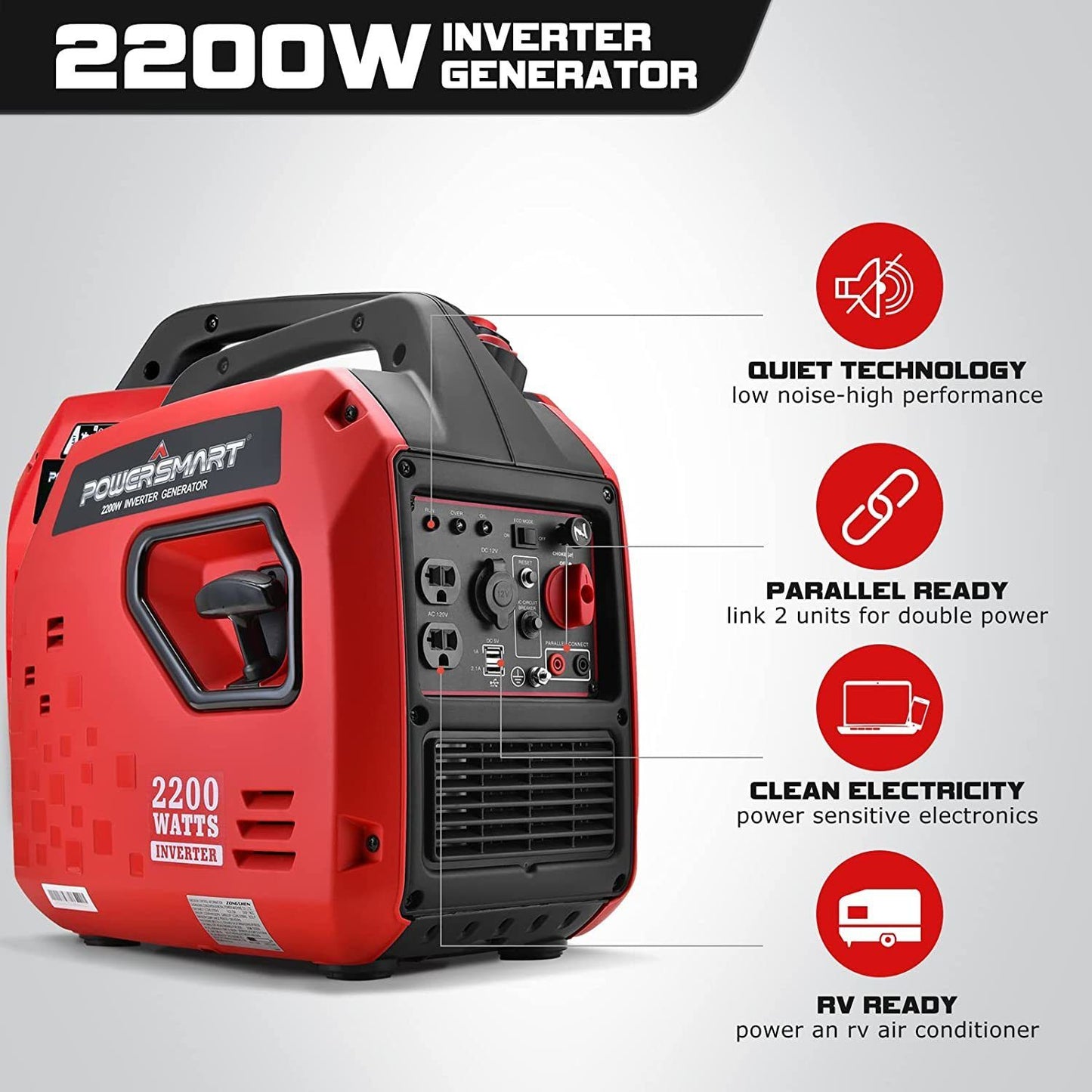 2200W Inverter Generator, Super Quiet, Gas Powered, for Outdoor Camping & Home Use