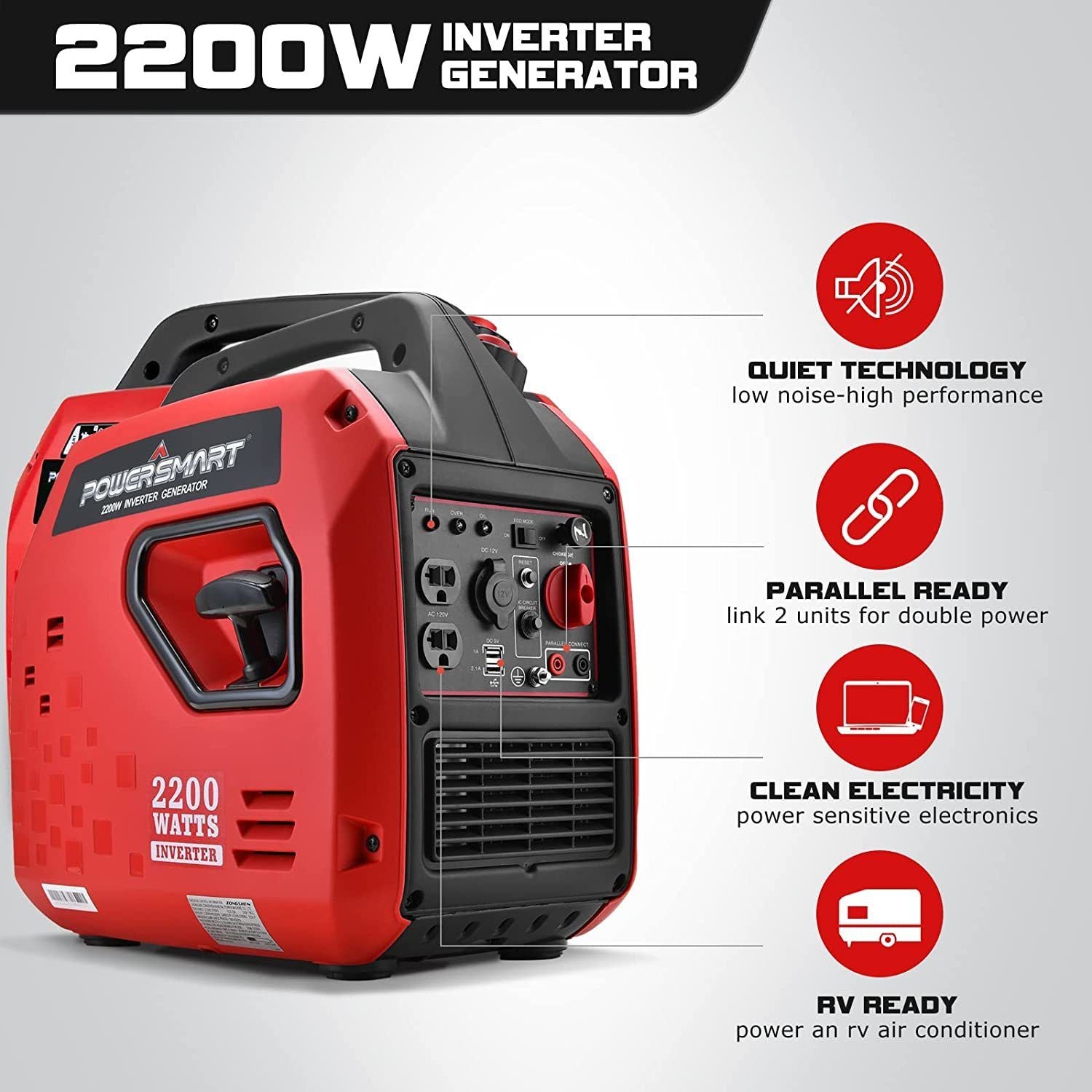 2200W Inverter Generator, Super Quiet, Gas Powered, for Outdoor Camping & Home Use