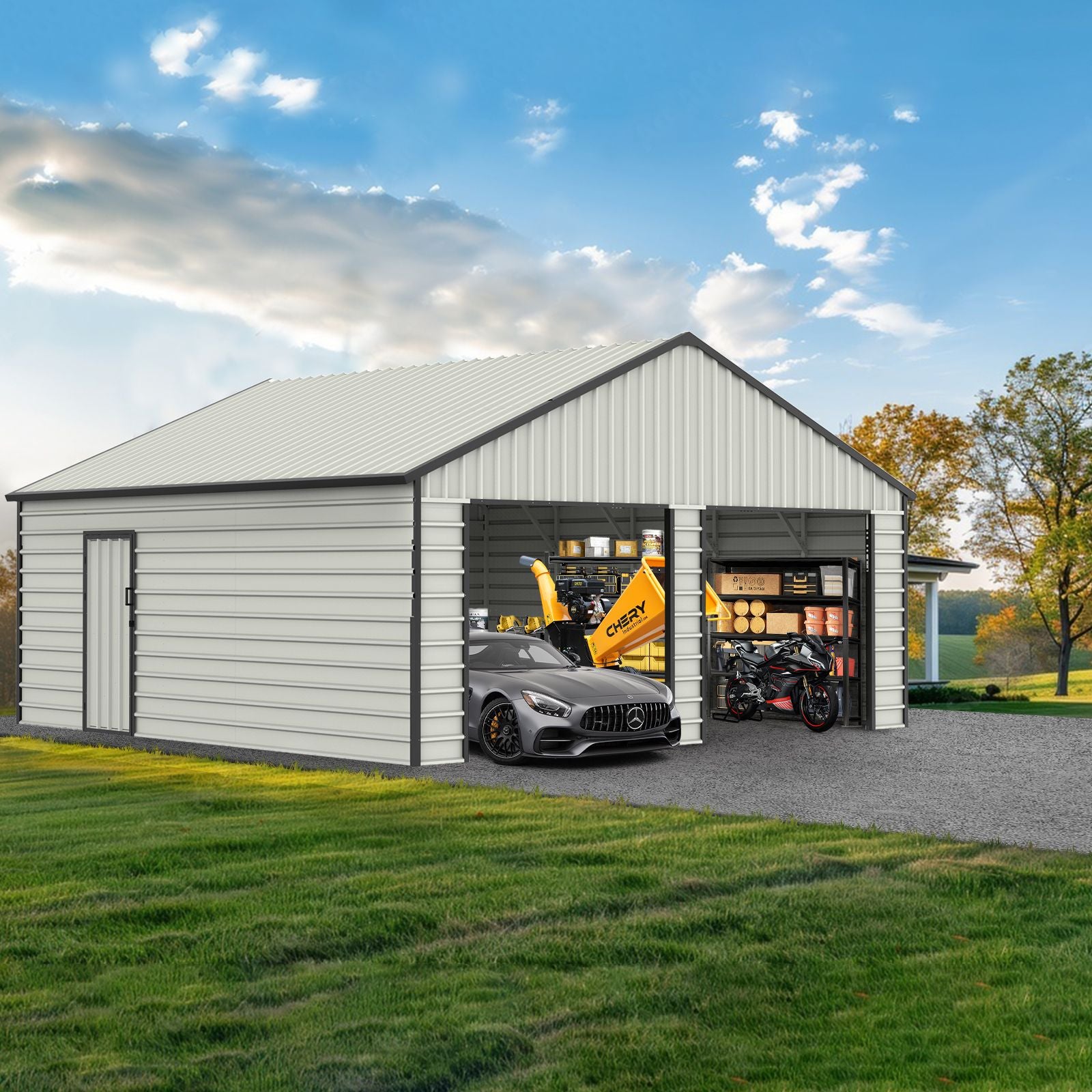 23' x 22' Metal Storage Shed w/ Double Door Garage & Side Entry Door, 500 sq-ft Space