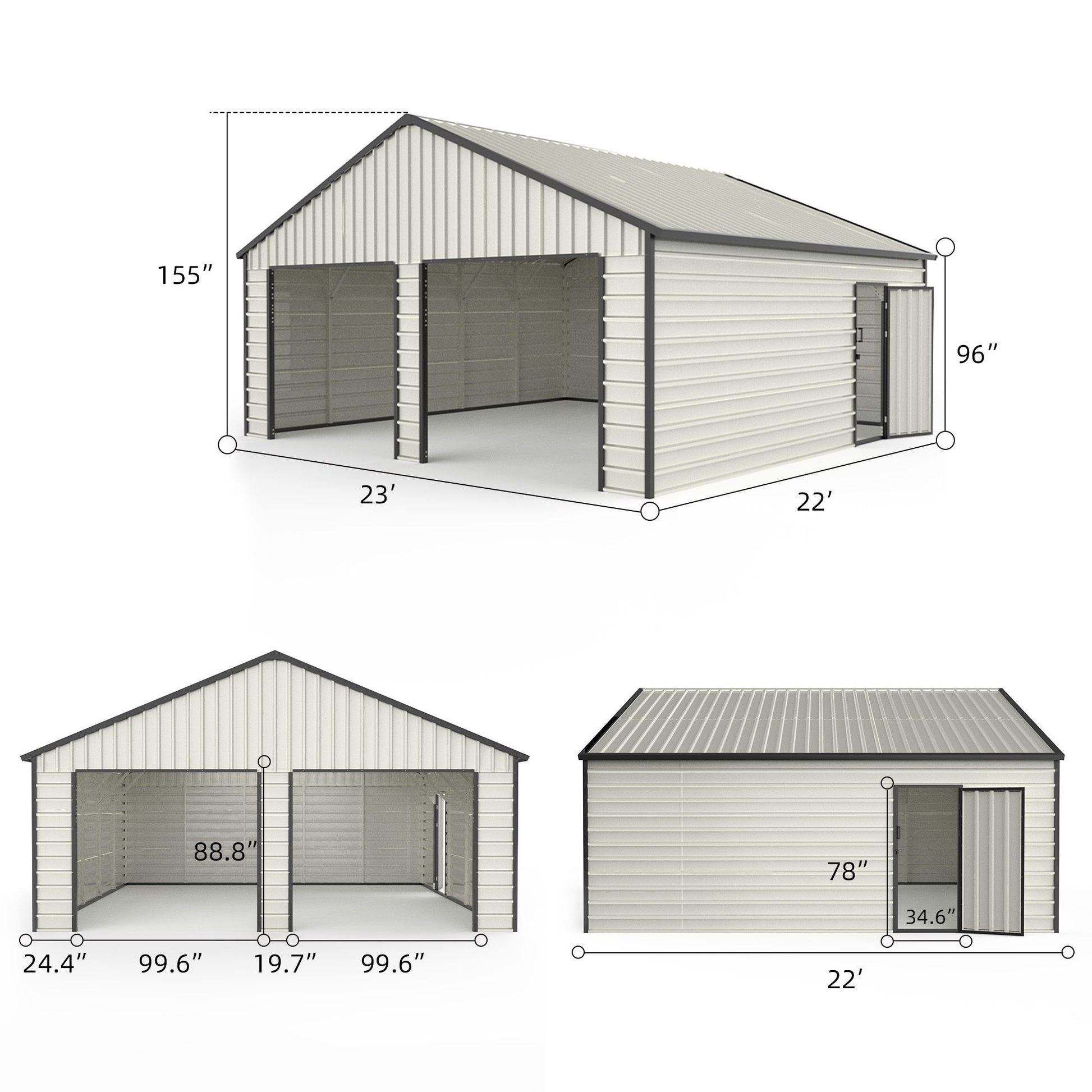 23' x 22' Metal Storage Shed w/ Double Door Garage & Side Entry Door, 500 sq-ft Space