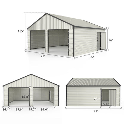 23' x 22' Metal Storage Shed w/ Double Door Garage & Side Entry Door, 500 sq-ft Space