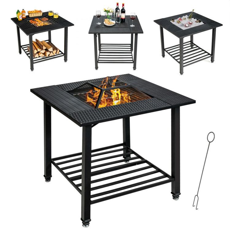2.5' x 2.5' 4-in-1 Steel Fire Pit Table, BBQ Grill, Ice Bucket, & Outdoor Dining