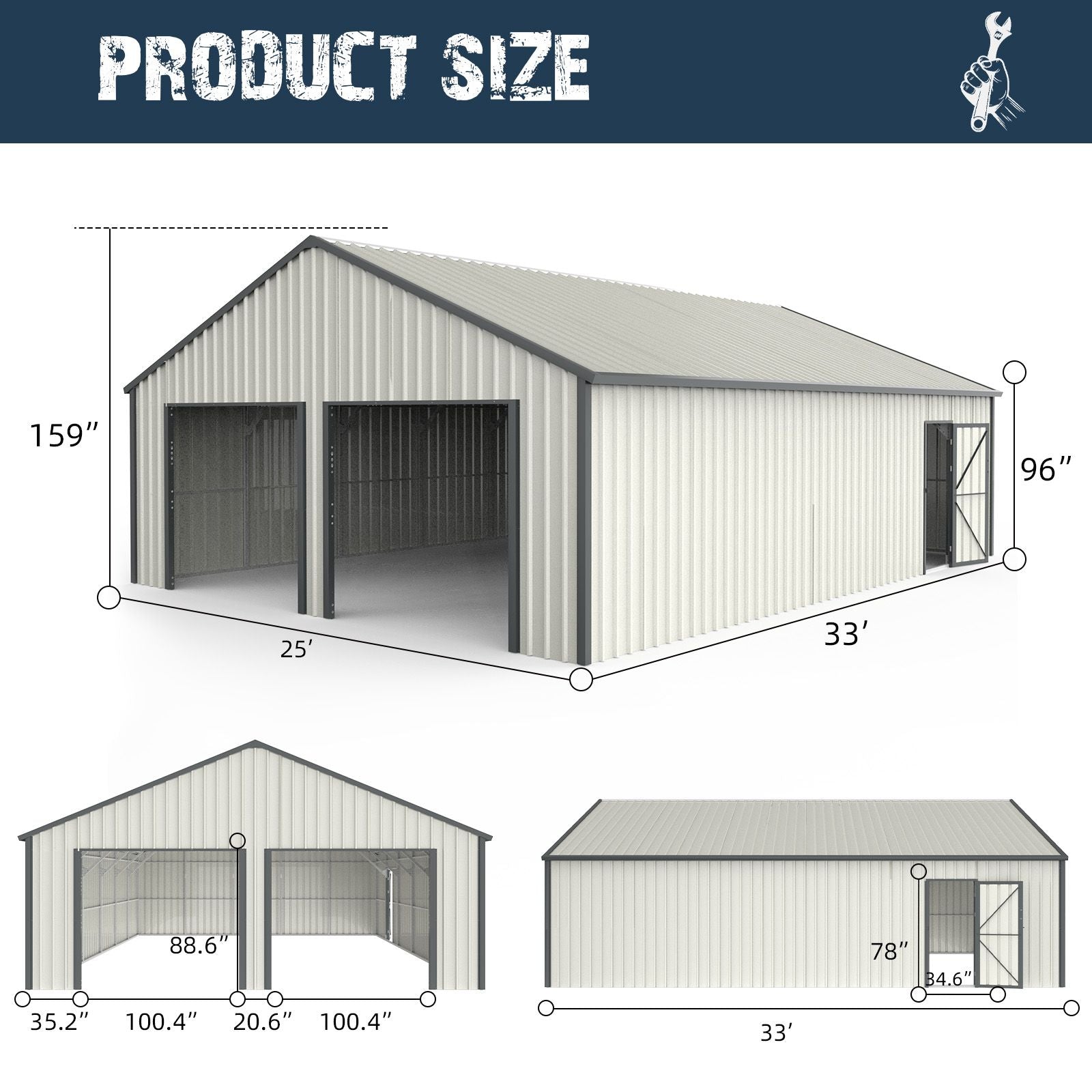 33' x 25' Metal Storage Shed w/ Double Door Garage & Side Entry Door
