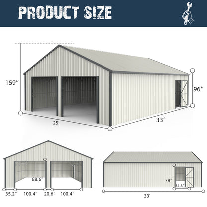 33' x 25' Metal Storage Shed w/ Double Door Garage & Side Entry Door