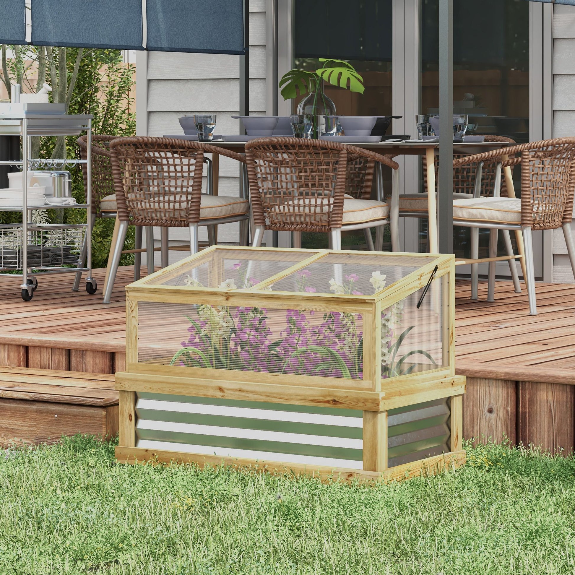 3.0' x 1.5' Wooden Raised Garden Bed, Lean-To Greenhouse, Natural Wood Finish