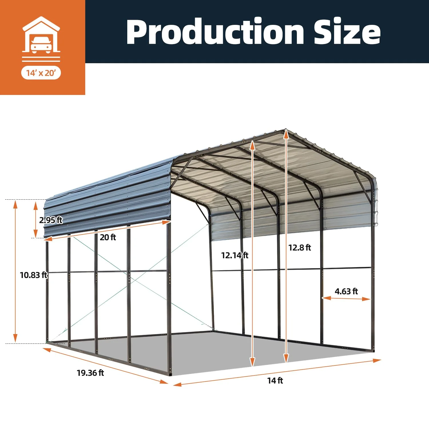 14×20 FT RV Metal Carport, 14 FT Peak High, 2x2 Inch Galvanized Steel Frame