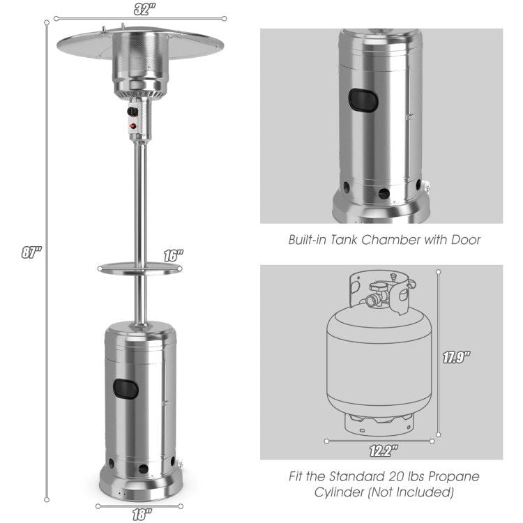 48,000 BTU Propane Patio Heater with Wheels, Outdoor Gas Heater with Tabletop