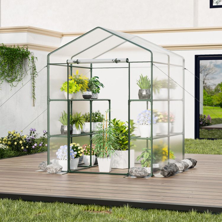4.6' x 4.7' Mini Walk-In Greenhouse, 4-Tier Shelving, PVC Cover