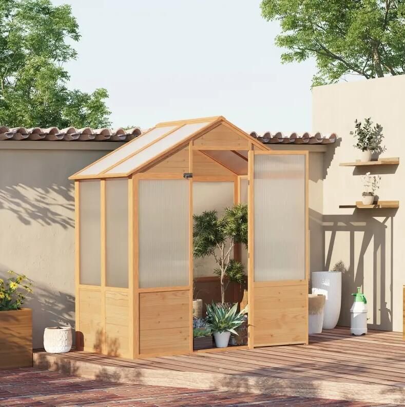6' x 4' Fir Wood Greenhouse, Polycarbonate Panels, Lockable Door, Tilted Roof