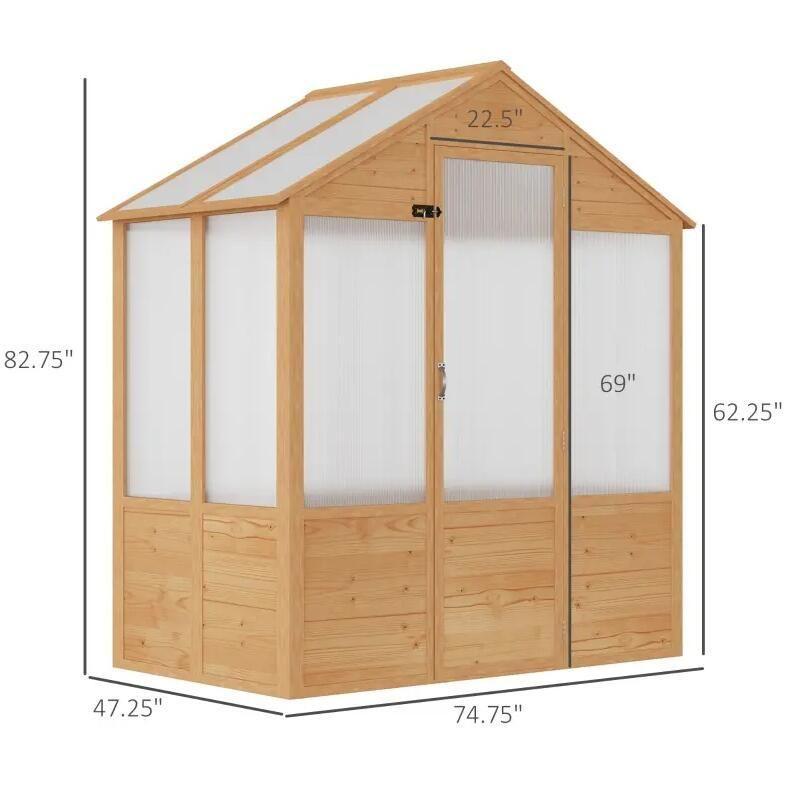 6' x 4' Fir Wood Greenhouse, Polycarbonate Panels, Lockable Door, Tilted Roof
