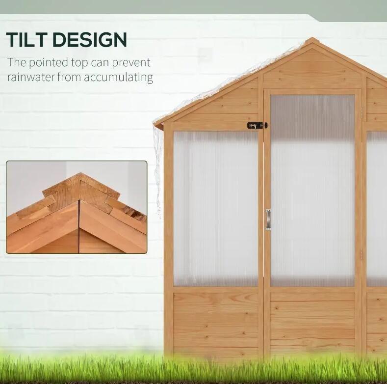 6' x 4' Fir Wood Greenhouse, Polycarbonate Panels, Lockable Door, Tilted Roof
