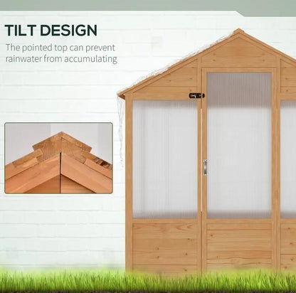 6' x 4' Fir Wood Greenhouse, Polycarbonate Panels, Lockable Door, Tilted Roof